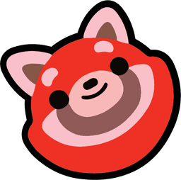 A cheerful red and black cartoon panda with a wide grin, radiating happiness and positivity.