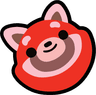 A cheerful red and black cartoon panda with a wide grin, radiating happiness and positivity.