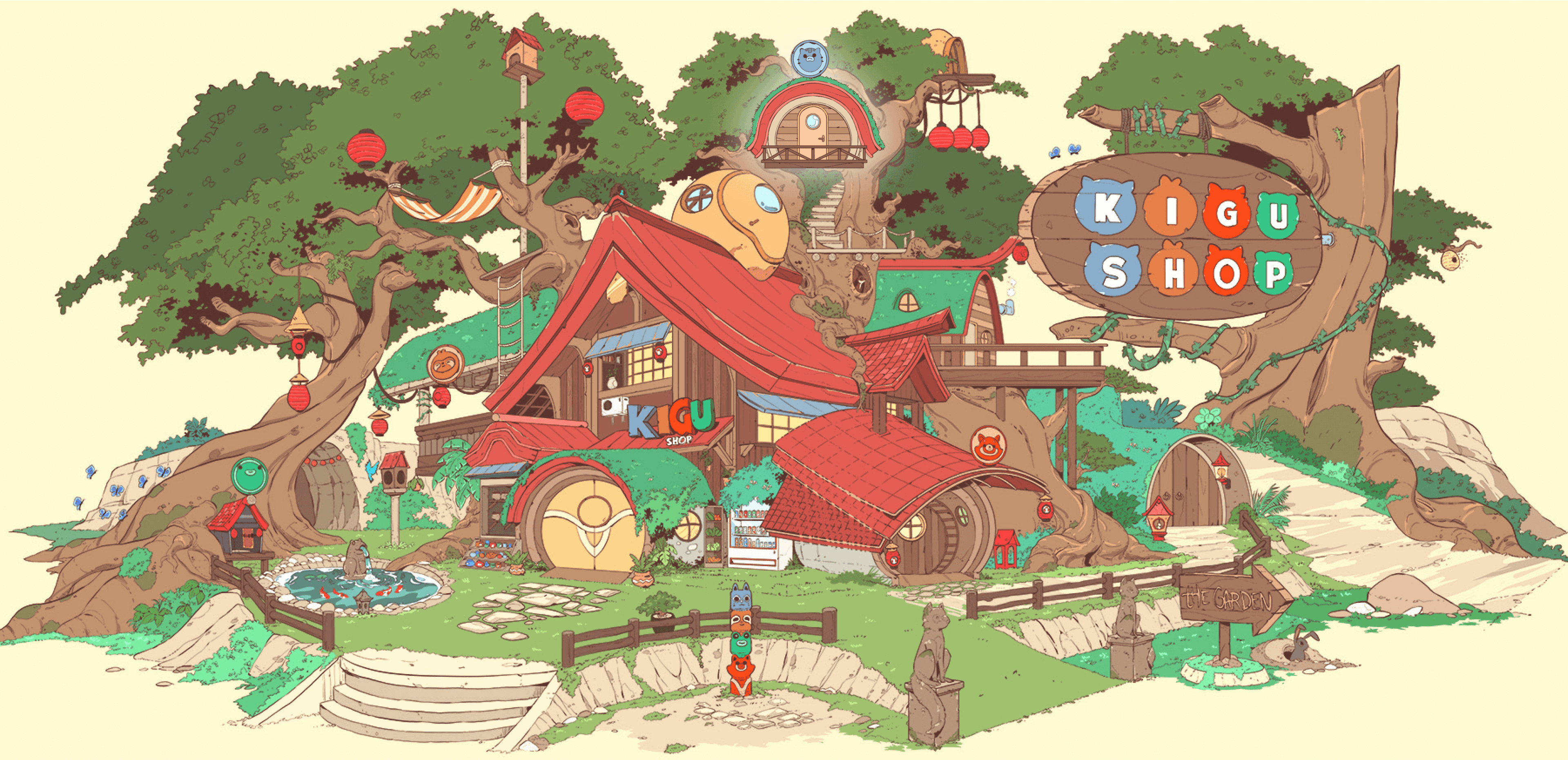 A colorful Kigu cartoon house surrounded by trees, with an adorable tree house nestled among the branches.